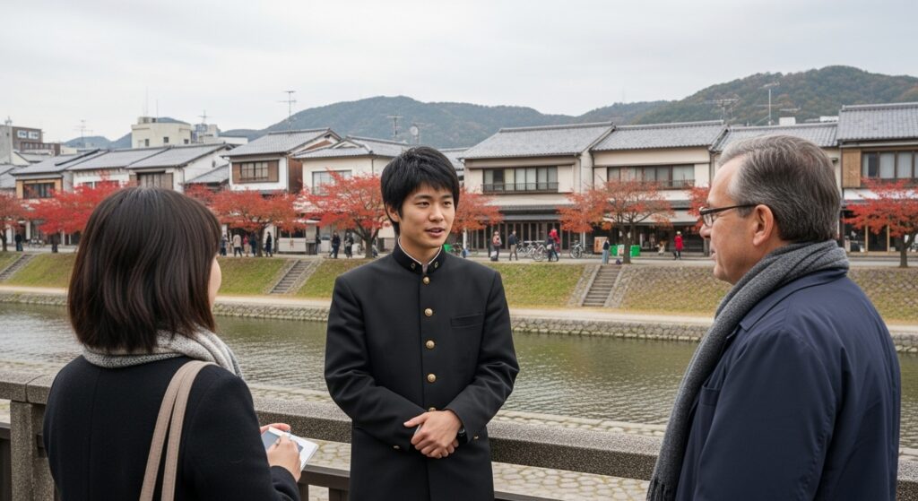 2人の人物（女性と外国人男性）と会話する黒学生服姿の日本人男性。3人の間には穏やかな雰囲気。川沿いの秋景色と和洋建築が背景に広がる。