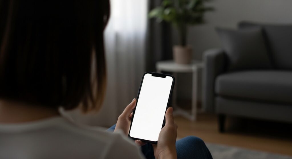 落ち着いた室内でスマートフォンを見つめる女性の後ろ姿。柔らかな照明のもと、誰かの声に耳を傾けているような空気感。
