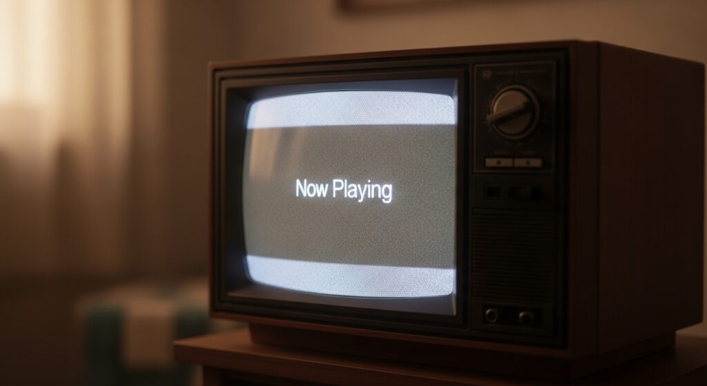 再生中の古いテレビ、画面には「Now Playing」。ノスタルジックで叙情的なイメージ。