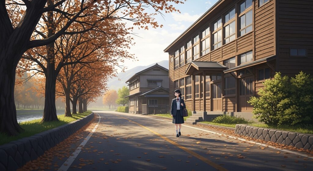 秋の朝、川沿いを一人歩く青年教師。柔らかな逆光と落ち葉が舞う道。明治の木造校舎や和風の家屋が背景に静かに佇む。