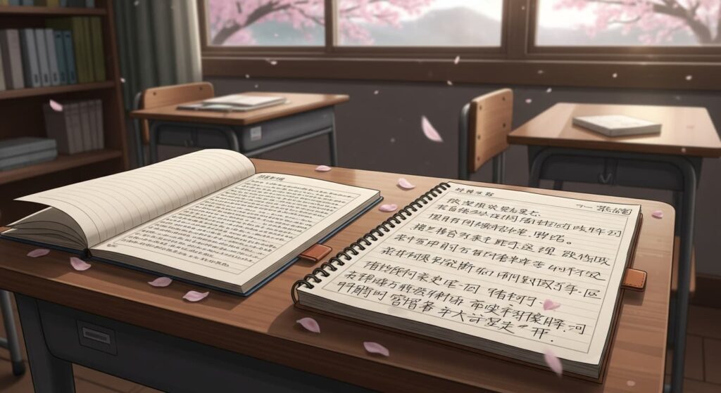 古い日本の教室の机に置かれた2冊のノートと、散らばる桜の花びらの静かな風景