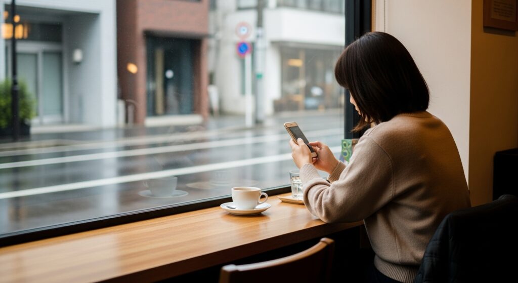 カフェの窓辺でスマホを見つめる女性、外には雨上がりの景色