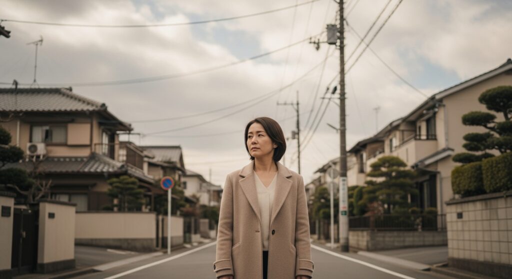日本の静かな住宅街で、ベージュのコートを着た女性が一人立つ。曇り空。過去を見つめるような切ない後ろ姿。温かみのある色調。