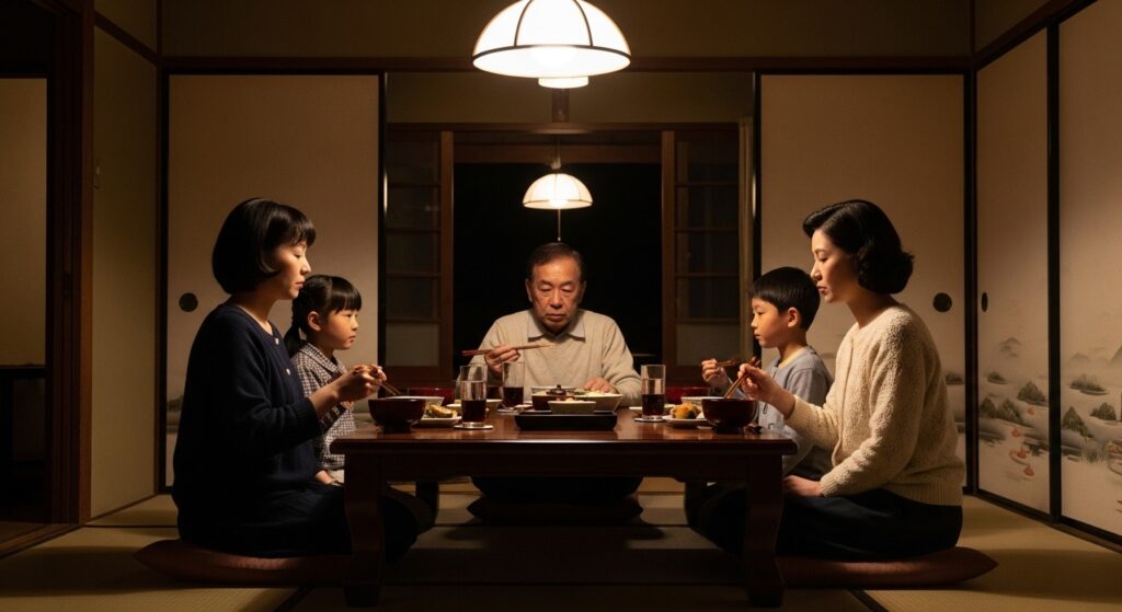 昭和の家庭の夕食風景。日本人の家族がちゃぶ台を囲み、黙って食事をとる様子。会話はなくても、お互いを思いやる空気が漂う。照明は暖色で、静かな温もりがある。