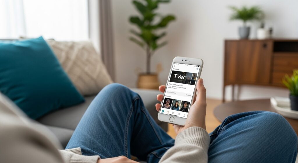 スマートフォンでTVerアプリを操作する人物。ソファに座ってくつろぎながら、ドラマの視聴画面を見ている様子。画面には日本語のインターフェースが表示されており、柔らかな照明の室内が温かみのある雰囲気を演出している。