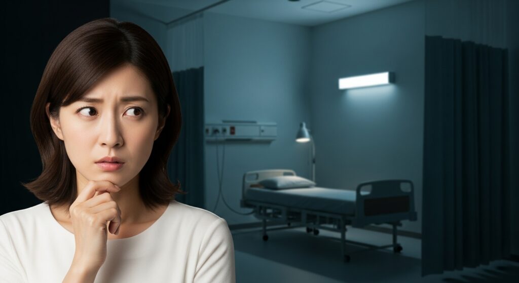 病室の前で考え込む女性。薄暗い室内に静かな光が差し込む。誰かの会話を聞いてしまったような、戸惑いと決意の入り混じった表情。