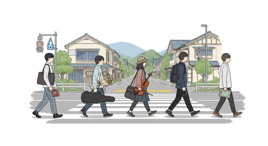 静かな街の横断歩道を歩く5人の人々が、それぞれ異なる感情を象徴する持ち物を持っている場面