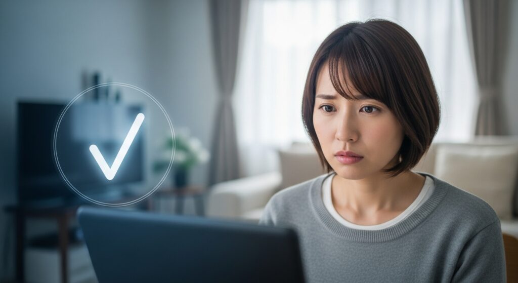 デジタルデバイスを前に困った顔をする日本人女性。画面には“警告マーク”のイメージがぼんやり映り、不安げな雰囲気。背景は家庭的な室内で、情報漏洩や誤操作の不安を連想させる