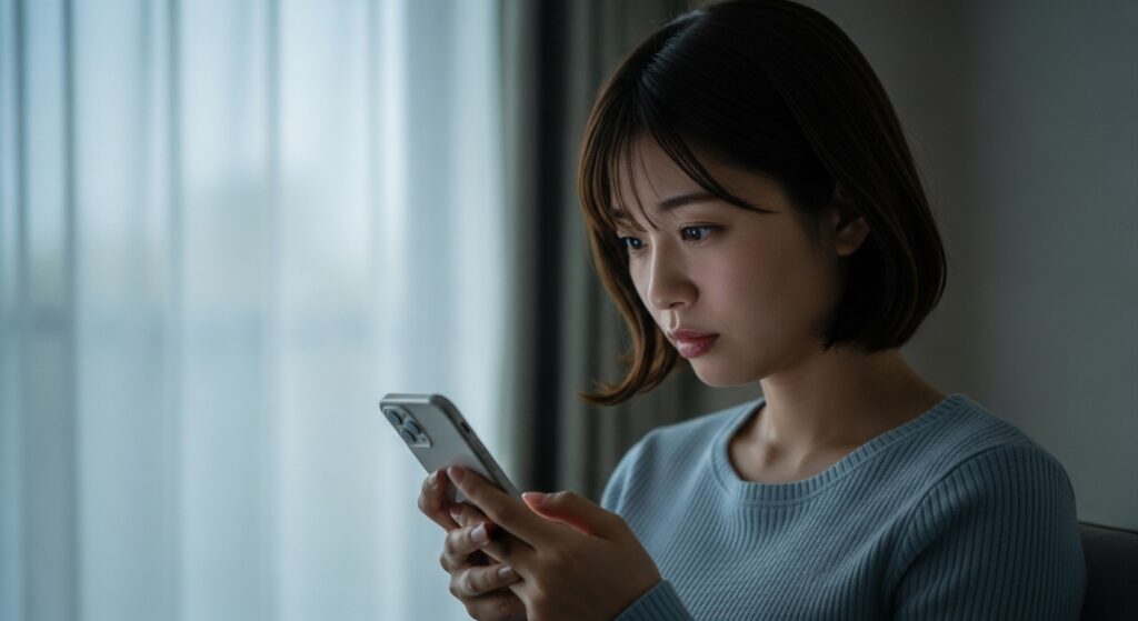部屋の片隅でスマホを見つめる20代の日本人女性。画面の明かりだけが彼女の表情を照らし、不安そうな顔。背景にはカーテンが少しだけ開き、夜の静けさが漂う室内