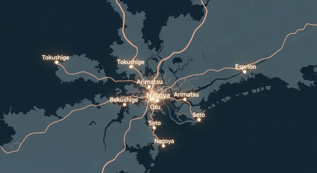 名古屋・愛知県の地図に、徳重、有松、大須、瀬戸などの地名が浮かび上がる幻想的なアートマップ。地名の上に小さな灯がともっているような表現。