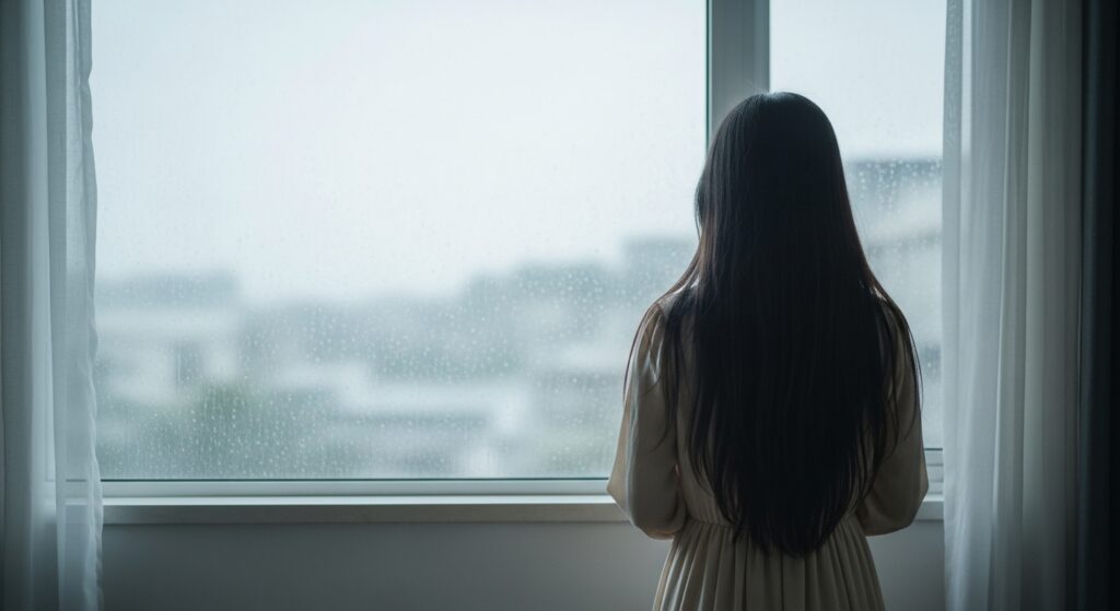 雨の降る窓辺にたたずむ女性の後ろ姿。光のない空、沈黙の中に漂う感情。静謐で詩的な構図。