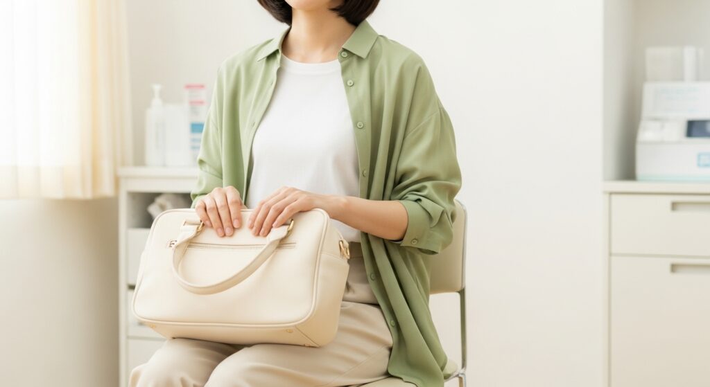診察室の椅子に座る女性がクリーム色のバッグを膝に抱える。ライトグリーンのシャツと白いTシャツを着用し、落ち着いた雰囲気。
