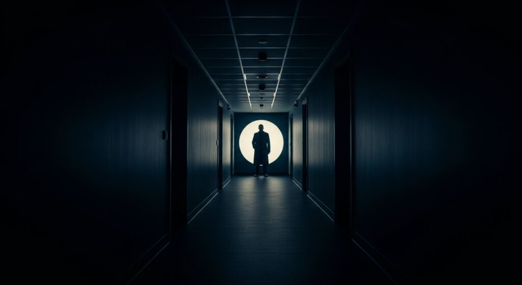 光と影が交差する長い廊下、奥に人影がひとつ