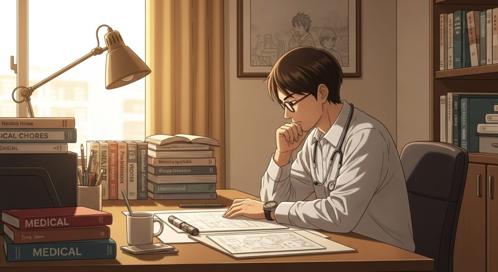 温かみのある色調の室内。思索的な漫画家が、医療書や原稿、整った机に囲まれて作業しているシーン。近くの窓から自然光が差し込み、静かで集中した雰囲気が漂う。