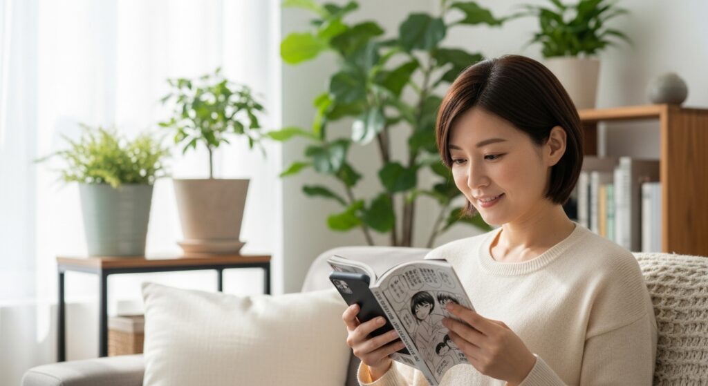 日差しの入る部屋でソファに座り、スマホで漫画を読む日本人女性。微笑みながらページをめくっている穏やかな表情。背景には観葉植物と本棚。柔らかな自然光が室内を照らす