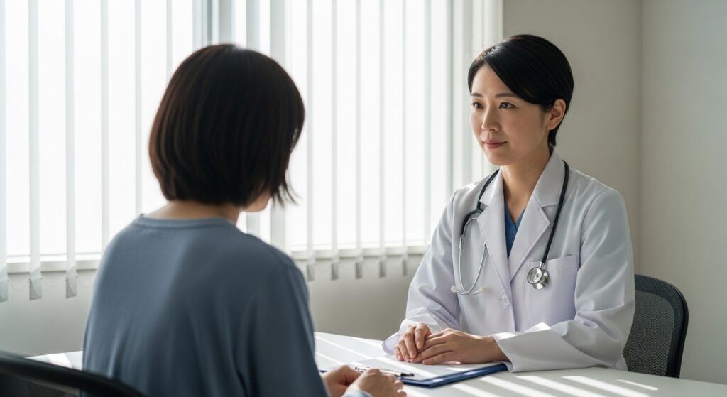 静かな診察室で、医師と心に不安を抱える患者が向き合う優しい瞬間。医師は穏やかなまなざしで相手を見つめている。窓からやわらかな光が差し込み、繊細ながら深い感情がにじむ。