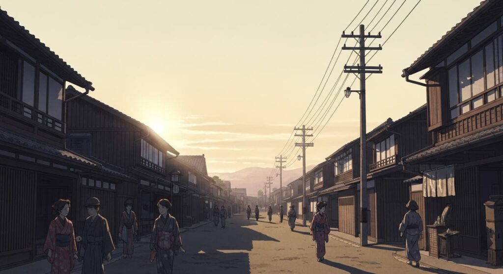 明治時代の日本、静かな町並みに朝日が差し込む風景。着物姿の人々が行き交う通り。木造家屋と淡い空の対比。時間のうつろいを感じさせる詩的な風景。