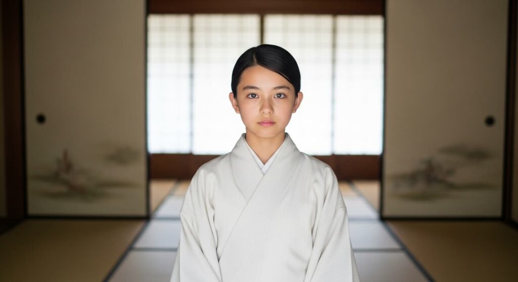 和室の中央に立つ10歳くらいの少女。白い着物を着て、静かに前を見つめる。背景には淡い障子と畳があり、柔らかな自然光が室内に差し込む。少女の瞳は澄んでおり、控えめながらも印象的な存在感。静謐でドキュメンタリー的な情景、ノスタルジックな雰囲気。