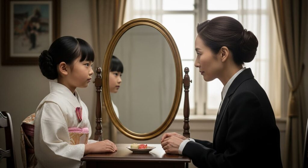 鏡越しに少女と大人の女性が向き合う構図。少女は白い着物、大人は洋装。時間の経過と心の継承を象徴する対比。淡い光が映る印象的な演出。