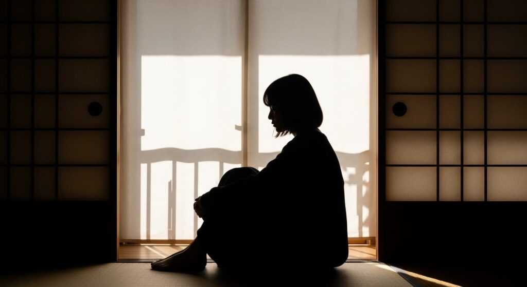 障子の閉じた和室に差し込む光の中で正座する少女のシルエット。まなざしは伏し目がちで、表情は内向的。記憶の中の光景のような、静かで詩的な情景。
