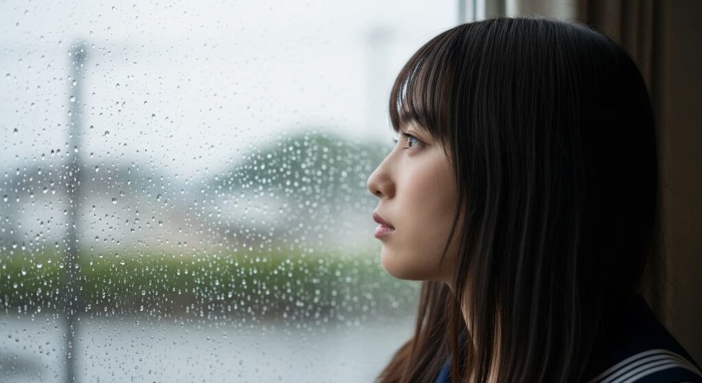 雨の日の窓辺に座り、外を見つめる少女の横顔。窓ガラスには水滴。風景が少しにじんで見える。内面世界と重なるような構図。哀しみと懐かしさが混ざる情景。