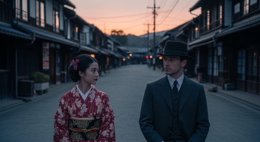 明治時代の松江を背景に、夕暮れの町並みに佇む和服の若い女性とスーツ姿の西洋人男性。静かに向かい合うことなく、隣に腰掛けたまま、それぞれが遠くを見つめている。障子から漏れる柔らかな灯りと、静謐な空気。怪談を語り合ったふたりの、心がすれ違いながらもつながっている瞬間を表現。