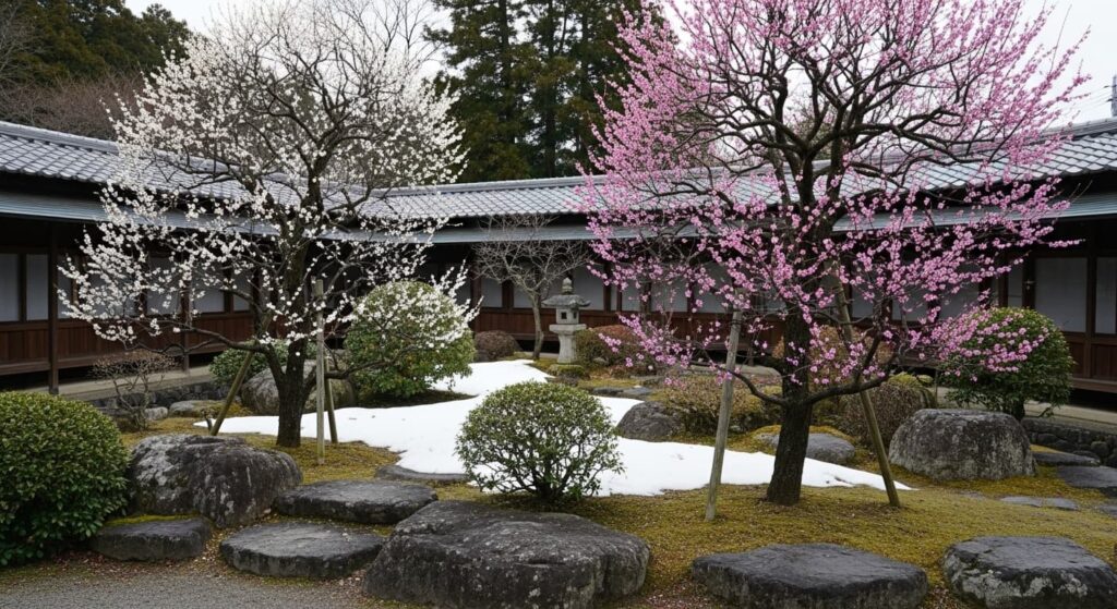 早春の和風庭園。雪解けの中、ひっそりと咲き始めた梅の枝。時間の流れと物語の終わりを感じさせる静謐な風景。